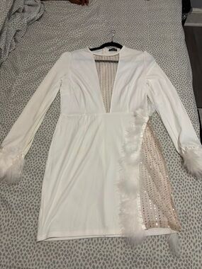 White Long-Sleeve Plunge Dress with Feather Trim